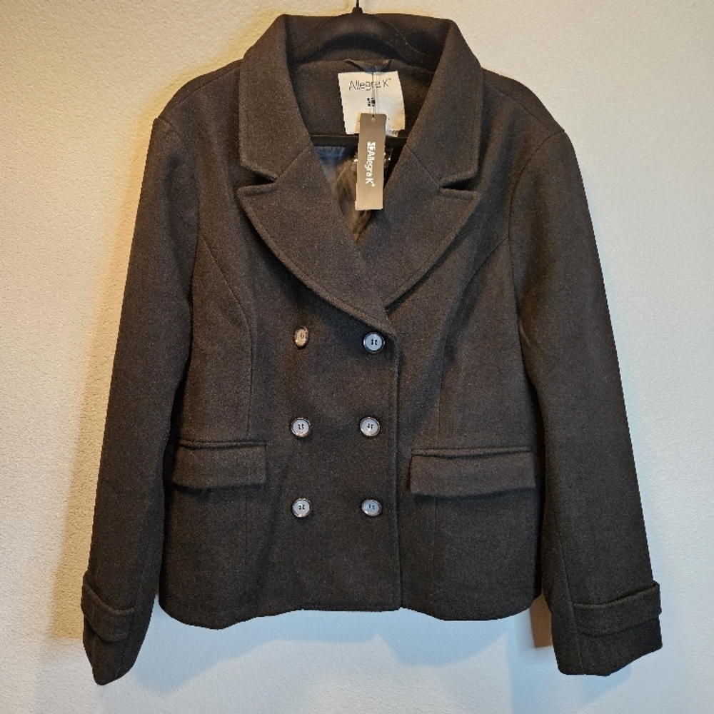 Allegra K Black Double Breasted Winter Pea Coat Cropped Women Size XXL N…